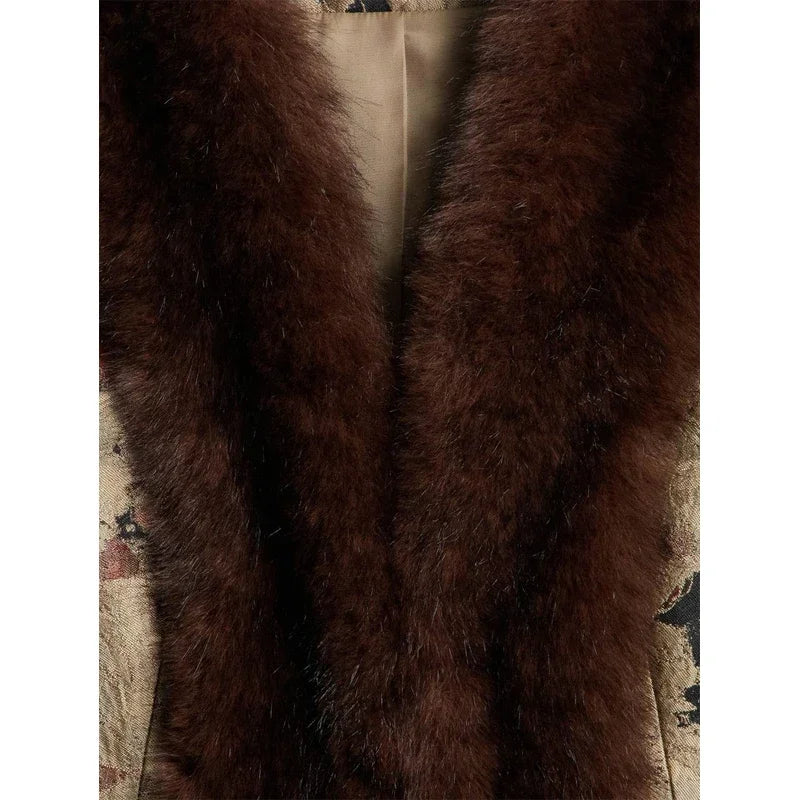 Floral Jacquard Furry Faux Fur Cuffs Patchwork Jacket