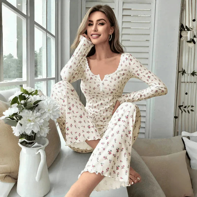Sleepwear Floral Print Lettuce Long Pant Pyjamas Set