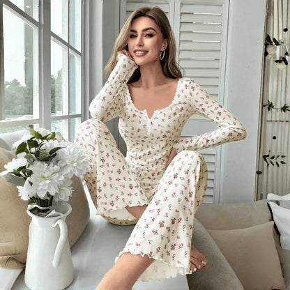 Sleepwear Floral Print Lettuce Long Pant Pyjamas Set