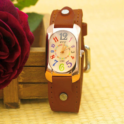 Cow Leather Strap Color Digital Rectangle Bronze Quartz Watch