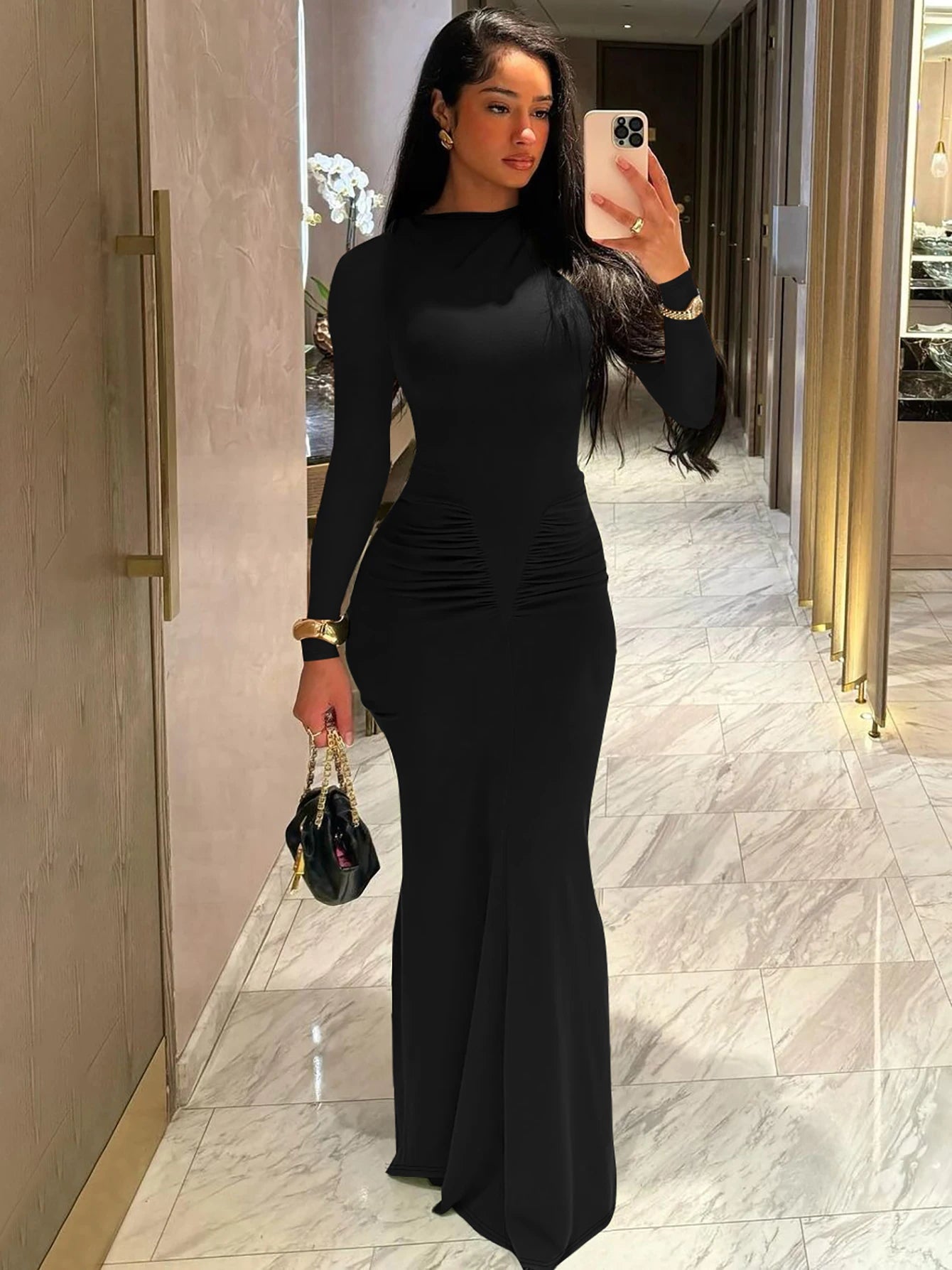 Long Sleeve Draped Sexy Maxi Prom Dress