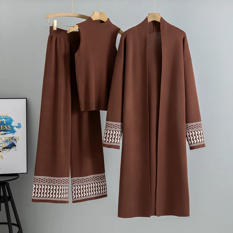 Casual Knitted Three-piece Temperament Cardigan Sweater Vest Wide Leg Pants Sets