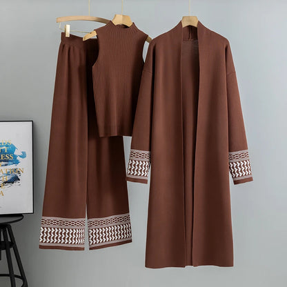 Casual Knitted Three-piece Temperament Cardigan Sweater Vest Wide Leg Pants Sets