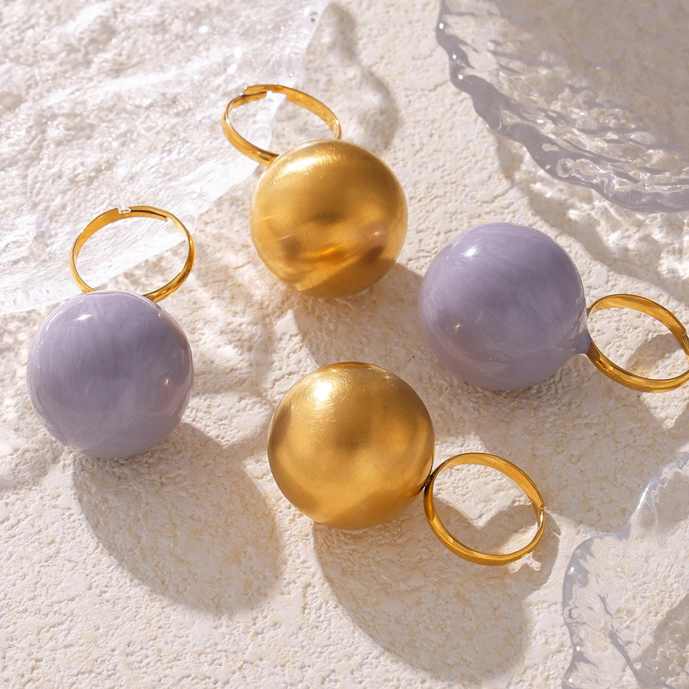 Exaggerate Big Ball Stainless Steel Gold Plated Purple Ring