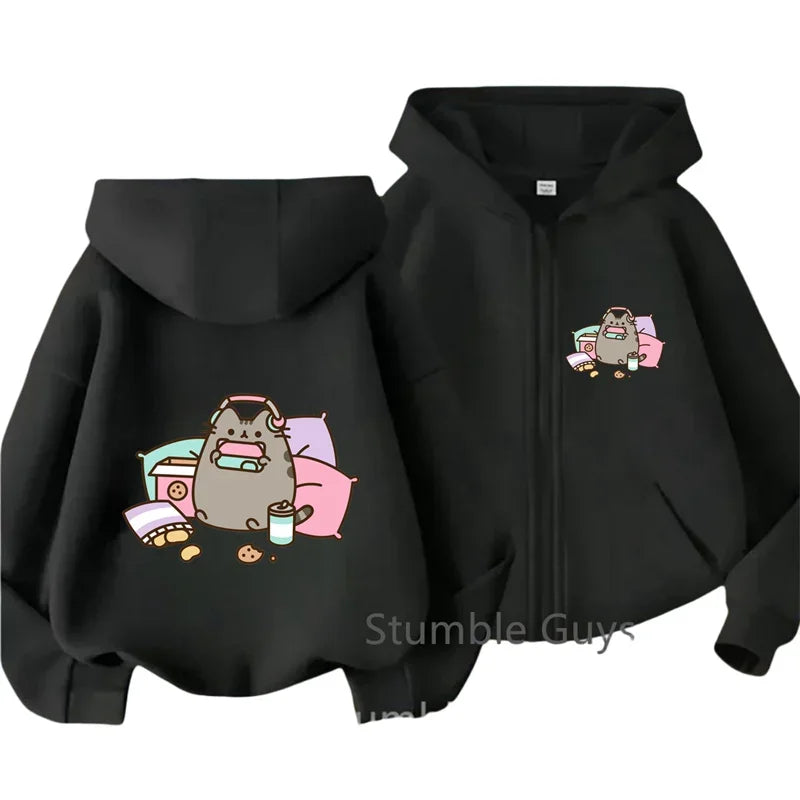 Cozy Pusheen Cat With Headphones Snacks Hoodie Long Sleeve Lovely Cartoon