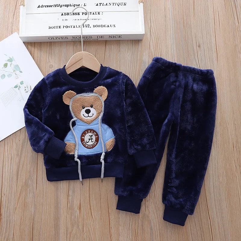 Autumn/Winter Cartoon Bear Warm Pajama Set  0-5 Years Old