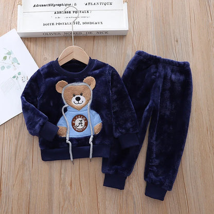 Autumn/Winter Cartoon Bear Warm Pajama Set  0-5 Years Old