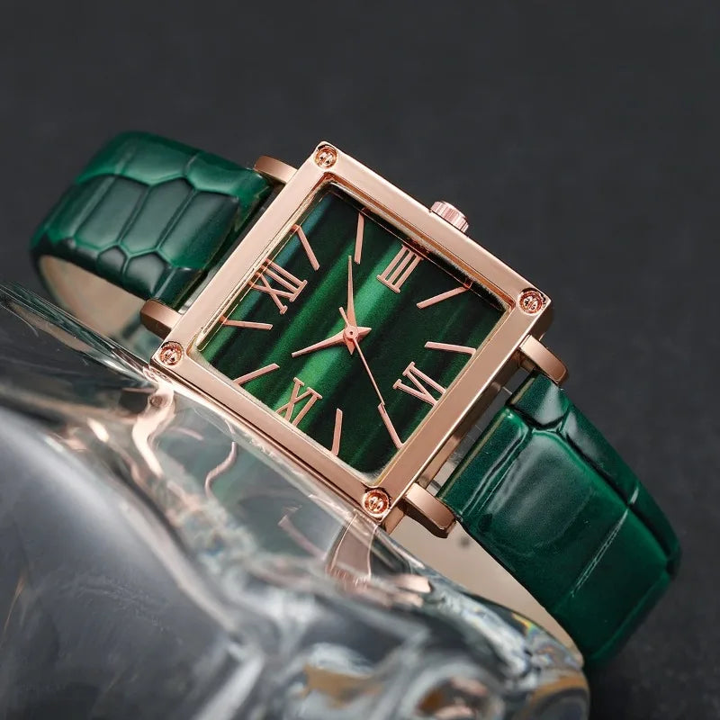 Square Quartz Roma Dial Leather Strap Wristwatches
