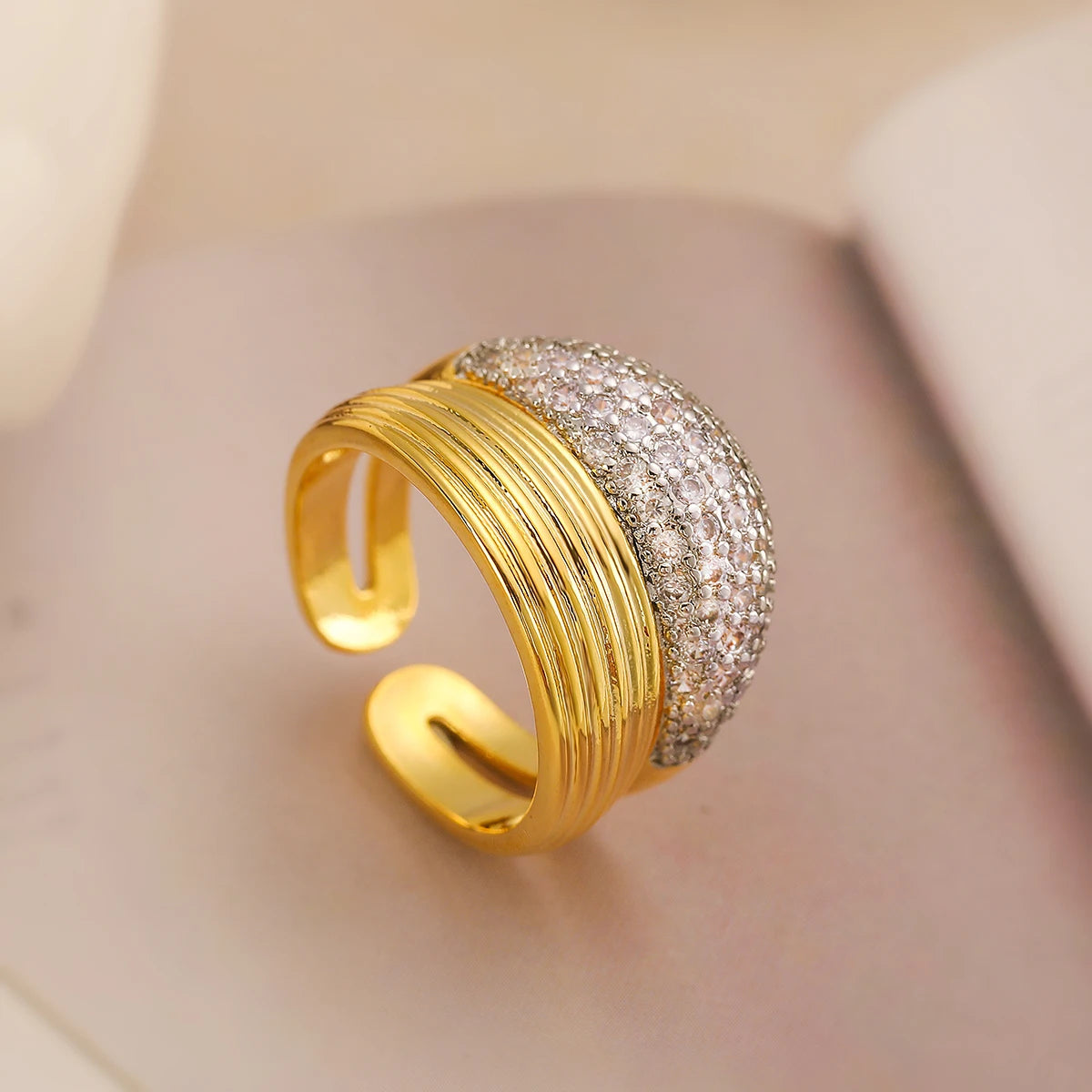 Gold/Silver Geometric Shiny AAA CZ Inlay Copper Rings