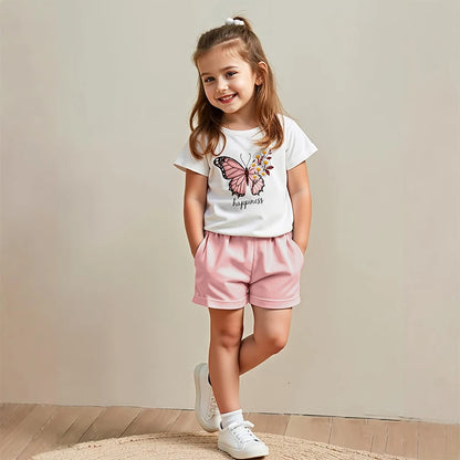 Cotton Short Sleeve Butterfly Print 2Pcs Suit