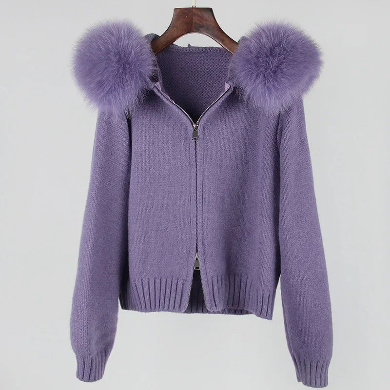 Autumn Winter Casual Hooded Real Fox Fur Collar Short Knitted Jacket
