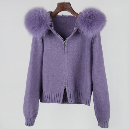 Autumn Winter Casual Hooded Real Fox Fur Collar Short Knitted Jacket
