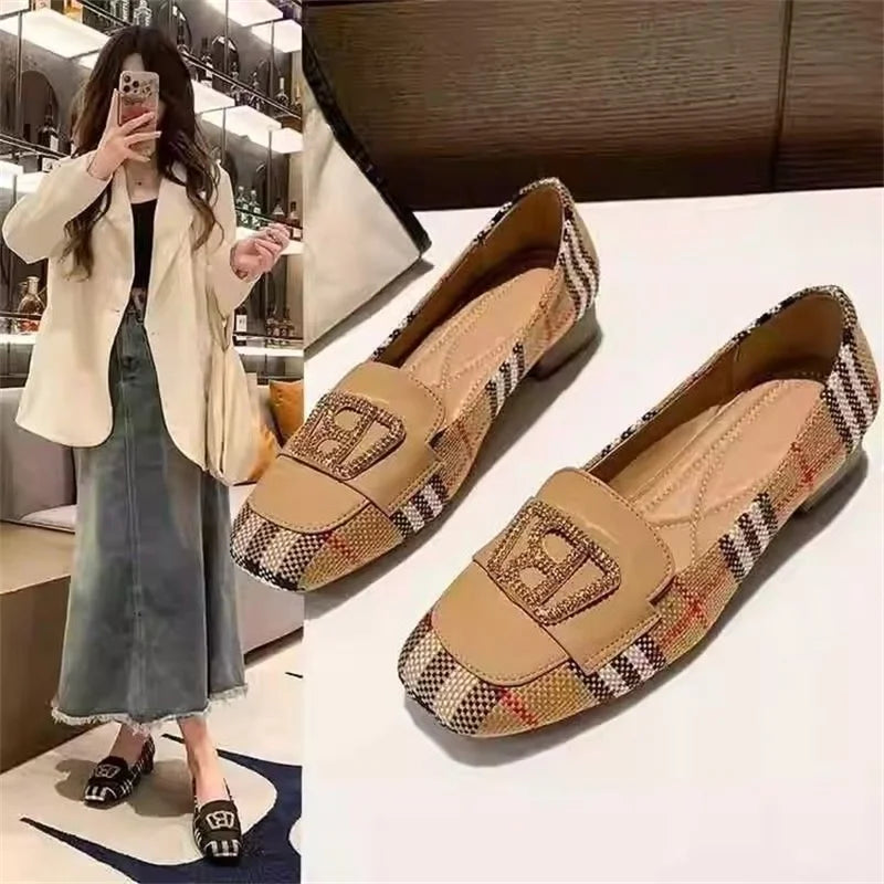 Square Toe Low Heel Hong Kong Style Metal Rhinestone Buckle Flats