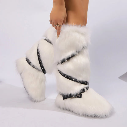 Red Animal Fur Belt Buckle Mid-Calf Boots