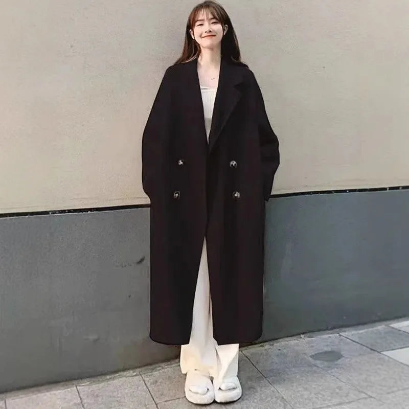 Woolen Versatile Korean Style Medium Length Long Sleeve Elegant Coat