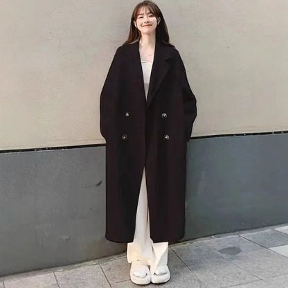 Woolen Versatile Korean Style Medium Length Long Sleeve Elegant Coat