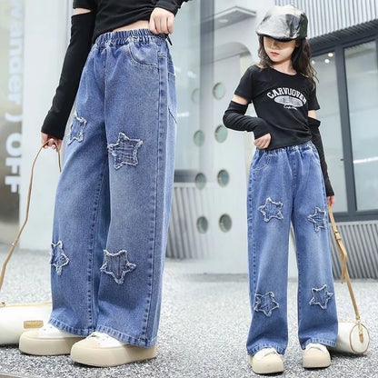 3-12 Years Girls Denim Pants Teenager Wide Leg Pants