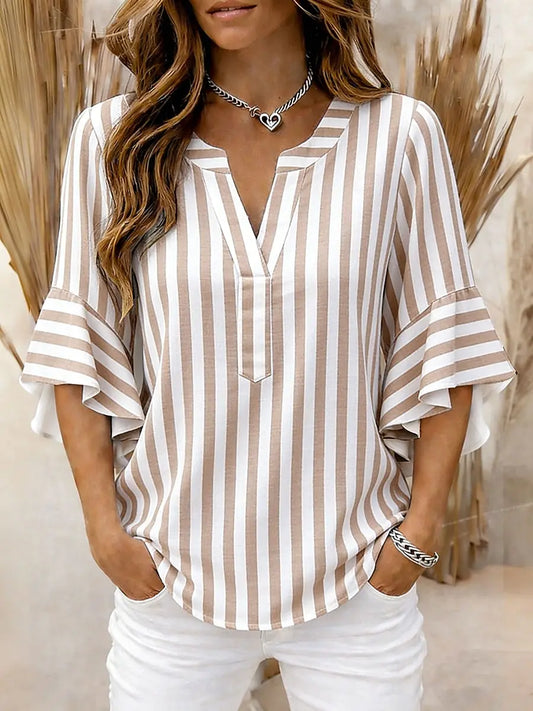 Vintage Multi colored striped Blouse V-neck ruffle sleeves T-Shirt