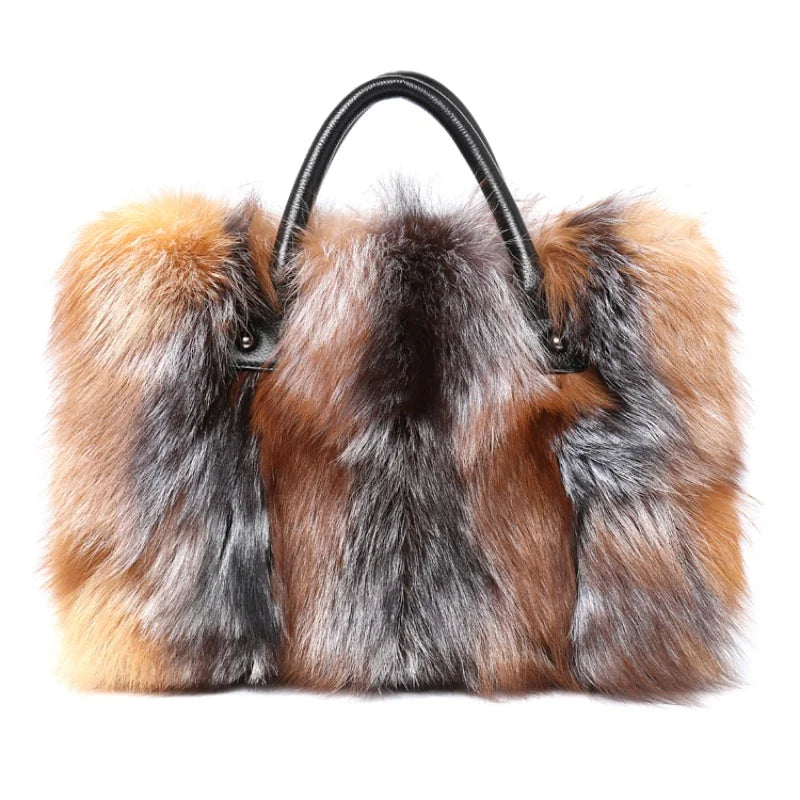 Real Fox Fur Large Size Plush Crossbody Luxury Handbags Fluffy Tote Bag