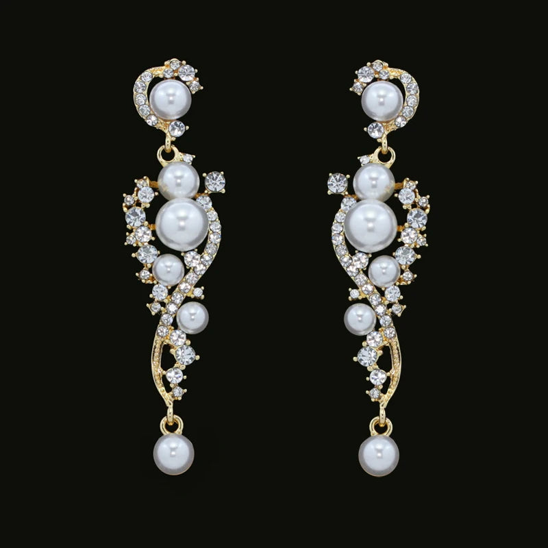 Gold Bridal Drop Simulated Pearl Crystal Statement Earrings