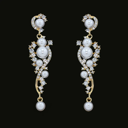 Gold Bridal Drop Simulated Pearl Crystal Statement Earrings