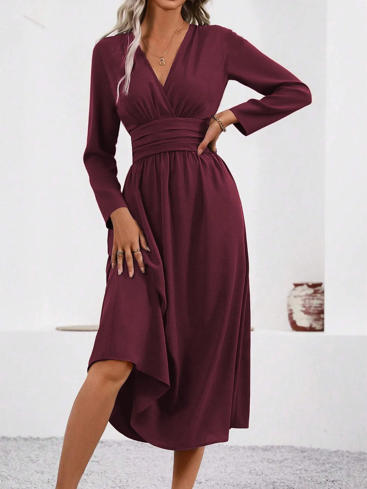 Elegant V-Neck Long Sleeve with Waist Shirring Bodycon Long Maxi Dress