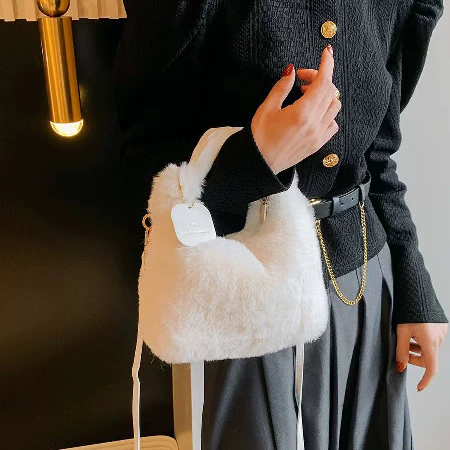Faux Fur Plush Ruched Handle Small Shoulder Crossbody Bag