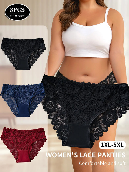 3PCS Plus-Size Hollow Floral Lace Sexy Lingerie
