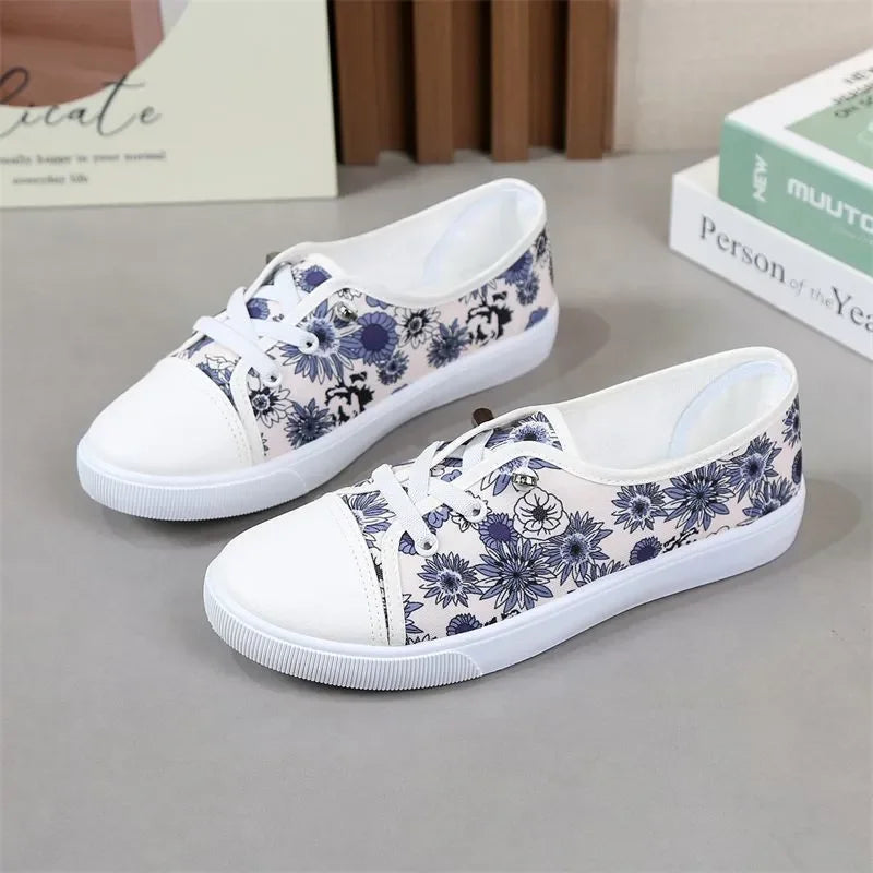 Sweet Round Toe Red Floral Print Canvas Shoes