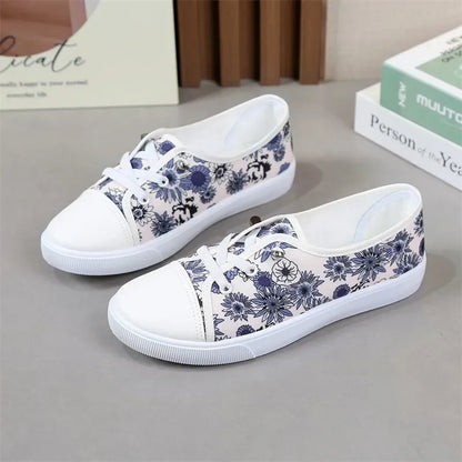 Sweet Round Toe Red Floral Print Canvas Shoes