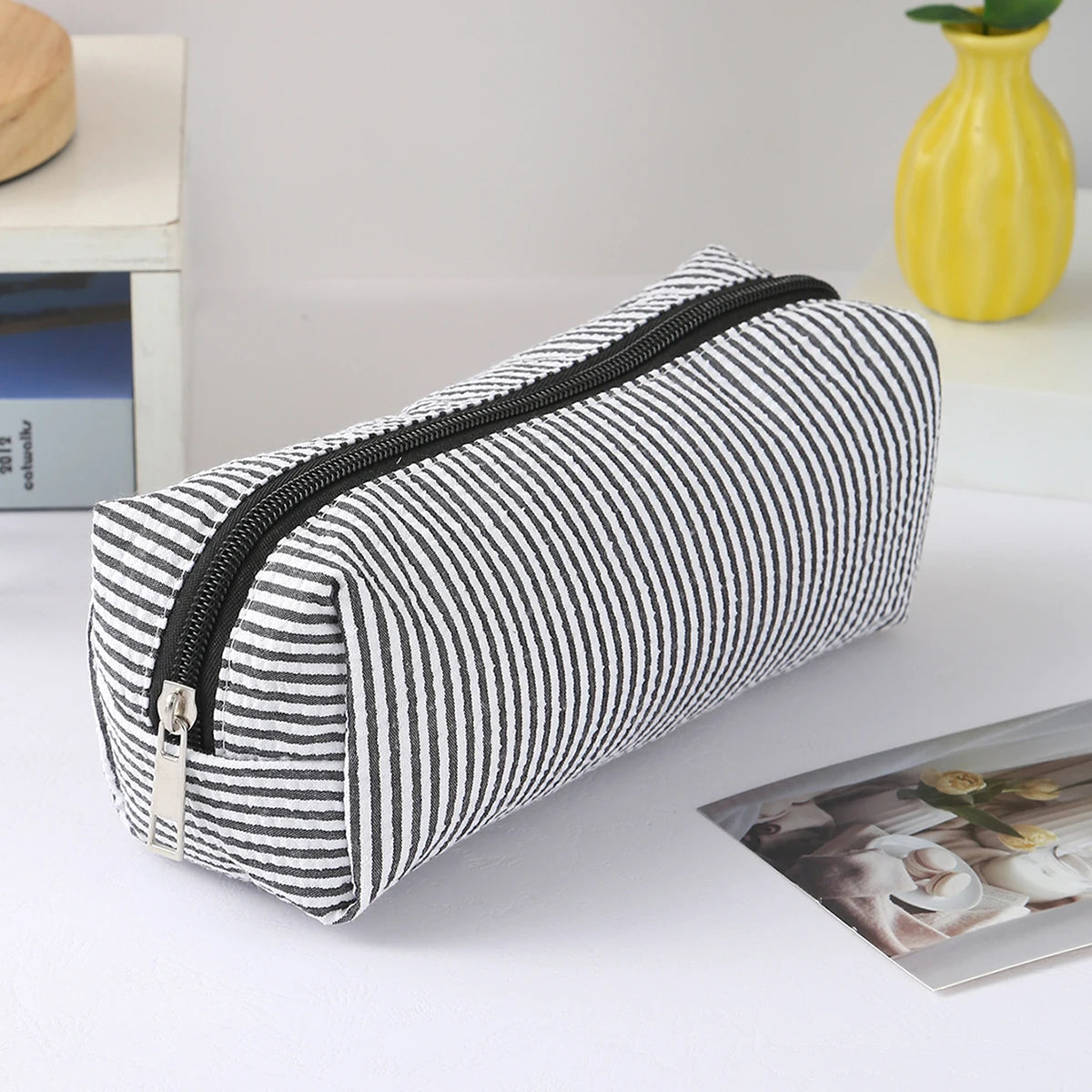 Cute Striped Canvas Pencil Case Small Travel Pouch with Zipper