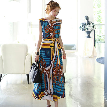 Korean Sexy Sleeveless  A-Line Long Skirt Korean Set
