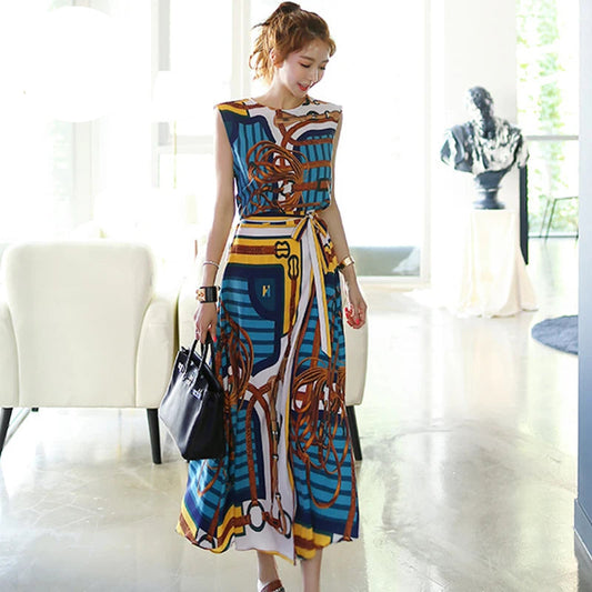 Korean Sexy Sleeveless  A-Line Long Skirt Korean Set