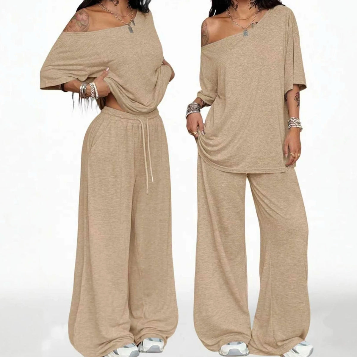 Casual Sports Loose Fit with Slanted Hem and Wide Leg Pants Set