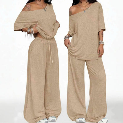 Casual Sports Loose Fit with Slanted Hem and Wide Leg Pants Set