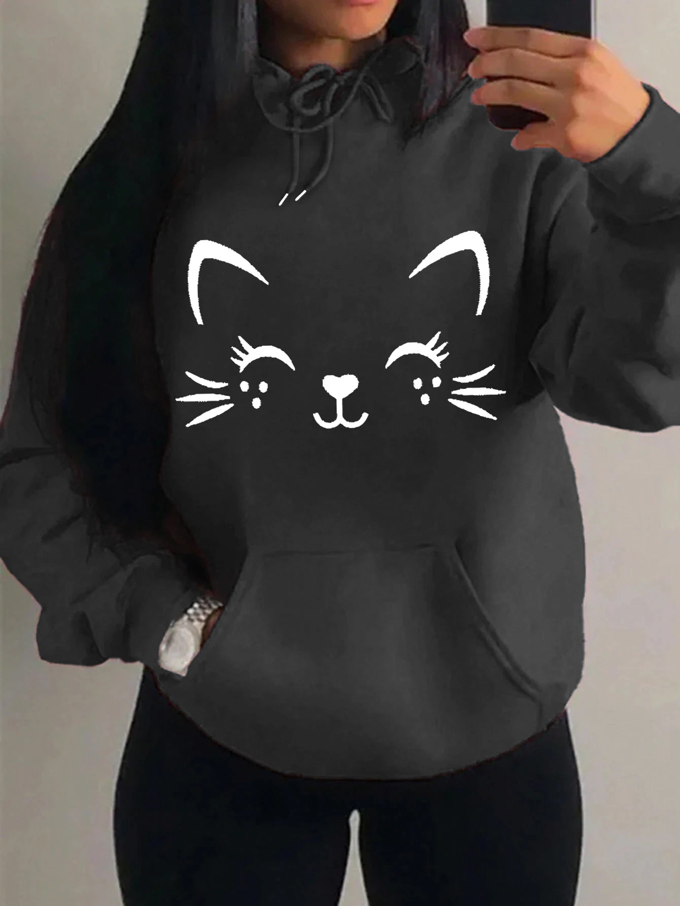 Casual Hip Hop Hoodie Happy Cat Pulloverar