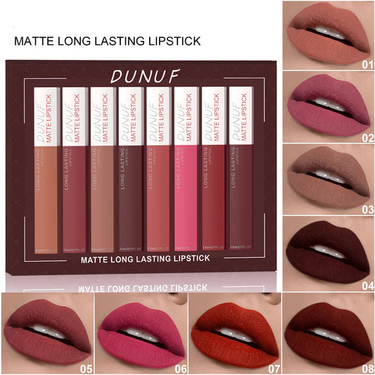 8 pcs matte color lasting lip gloss lipstick set