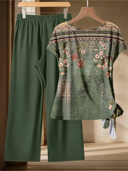 Casual Plus Size Dark Green Ethnic Style Floral Print Wide Leg Pants