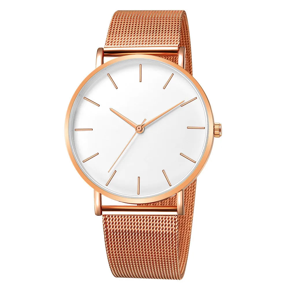Luxury Metal Mesh Quartz Elegant Rose Gold Wristwatch