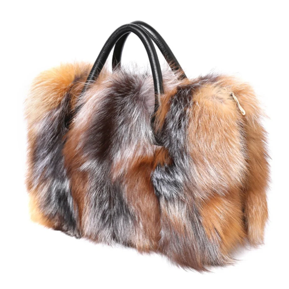 Real Fox Fur Large Size Plush Crossbody Luxury Handbags Fluffy Tote Bag