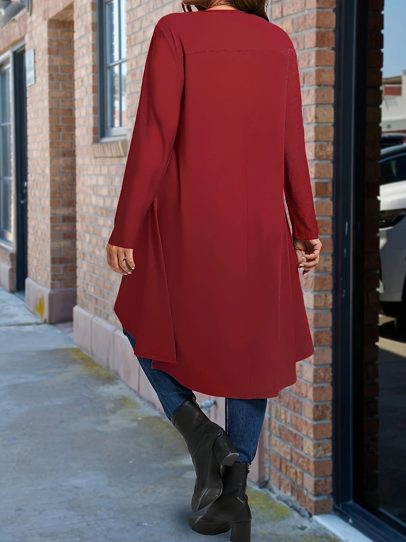 Plus Size Long Sleeve Elegant Crew Neck Asymmetrical Dipped T-shirt