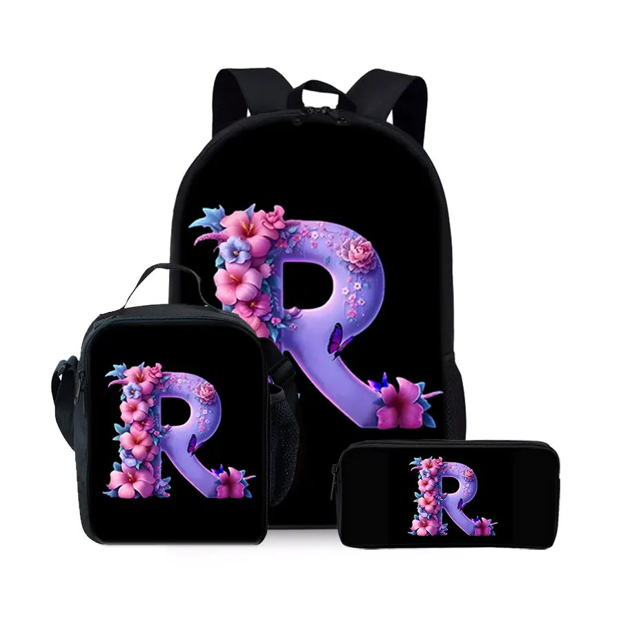 English Alphabet Pattern 2D Flat Cartoon School Backpack Three Piece Set