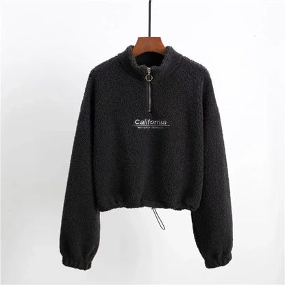 Letter Embroidery Stand Neck Fleece Long Sleeve Pullover