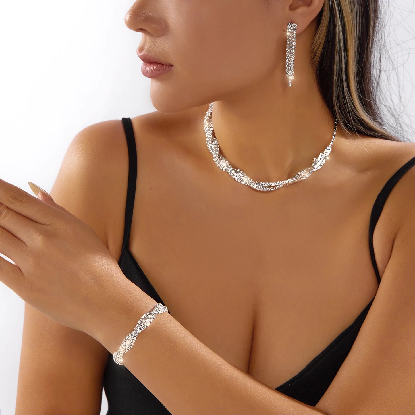 Geometric Rhinestone Crystal Necklace Choker Jewelry Set