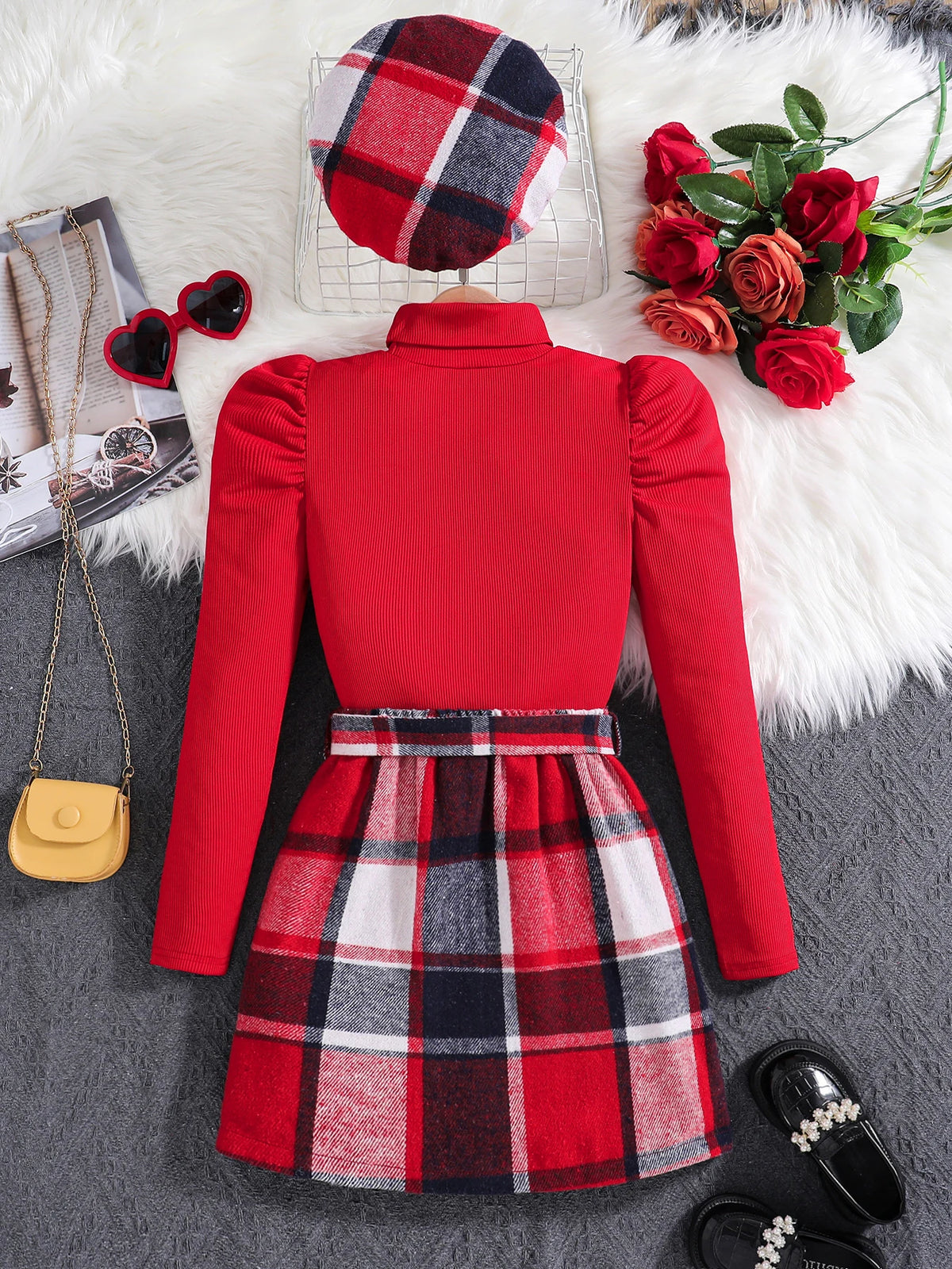 Spring and fall red high neck bubble long sleeve red plaid skirt + hat 3-piece Set