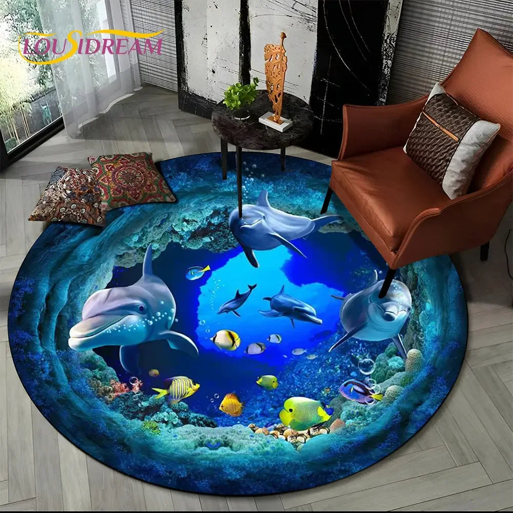 3D Seabed Illusion Underwater World Dolphin Round Area Rug