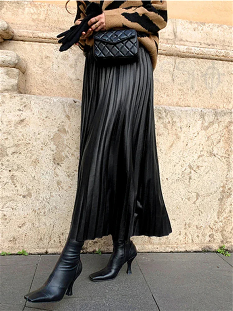 Leather Pleated High Waist long Skirt