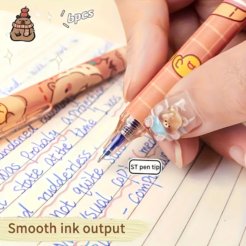 6pcs Cute Capybara Erasable Gel Pens | 0.5mm Blue Ink for School