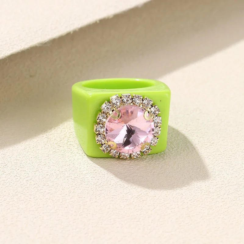 Colorful Rhinestone Geometric Square Large Punk Finger Rings