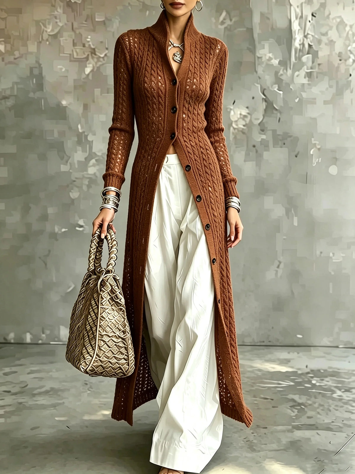 Long Black Knit Cardigan Autumn Winter High Neck Open Front Oversized Jumper